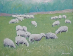 Sean Wu Original Oil Painting,Sheep Grazing on Green Pasture