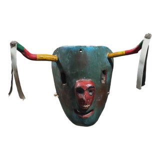Antique Folk Art Hand Carved Mexican Bull With Skull Mask For Sale