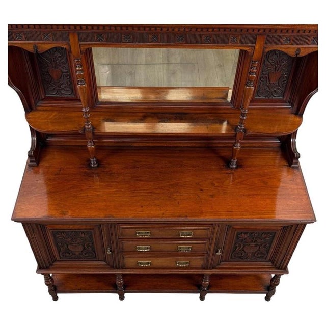 2000 - 2009 Antique English Carved Walnut Mirror-Back Sideboard, 1900s For Sale - Image 5 of 13