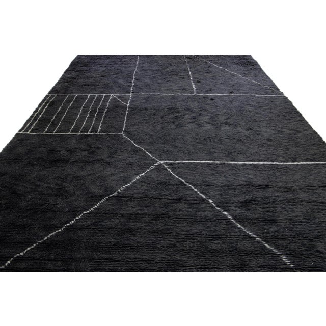 Black Modern Moroccan Style Handmade Abstract Pattern Wool Rug by Apadana For Sale - Image 9 of 11