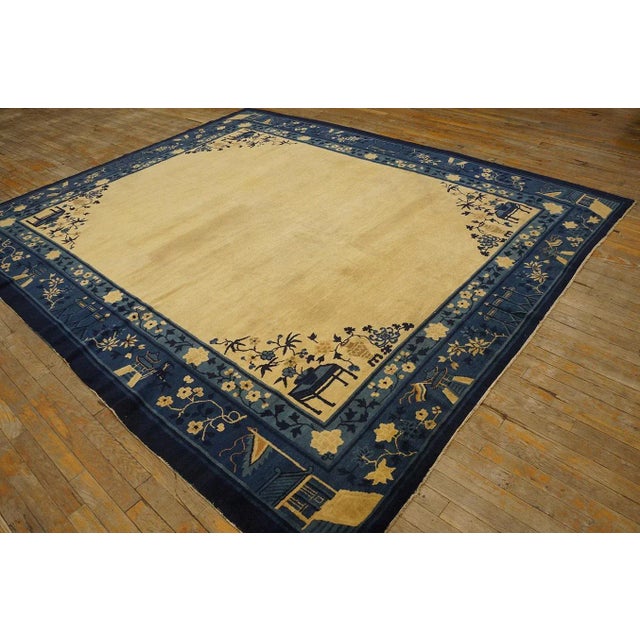 Contemporary 1920s Beige Minimalist Open Field Antique Chinese Peking Carpet 8' X 9'6'' Knotted Wool Rug For Sale - Image 3 of 9