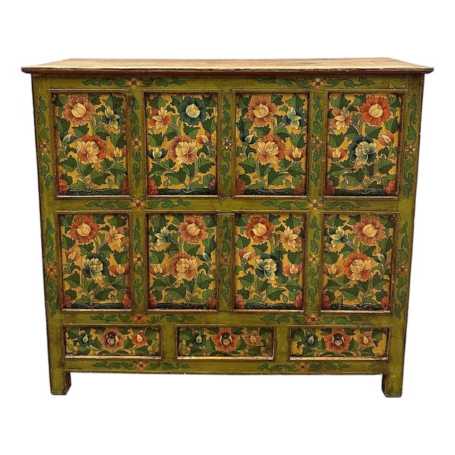 20th Century Antique Tibetan Hand Painted Tall Credenza Storage Cabinet For Sale