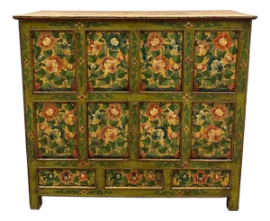 20th Century Antique Tibetan Hand Painted Tall Credenza Storage Cabinet