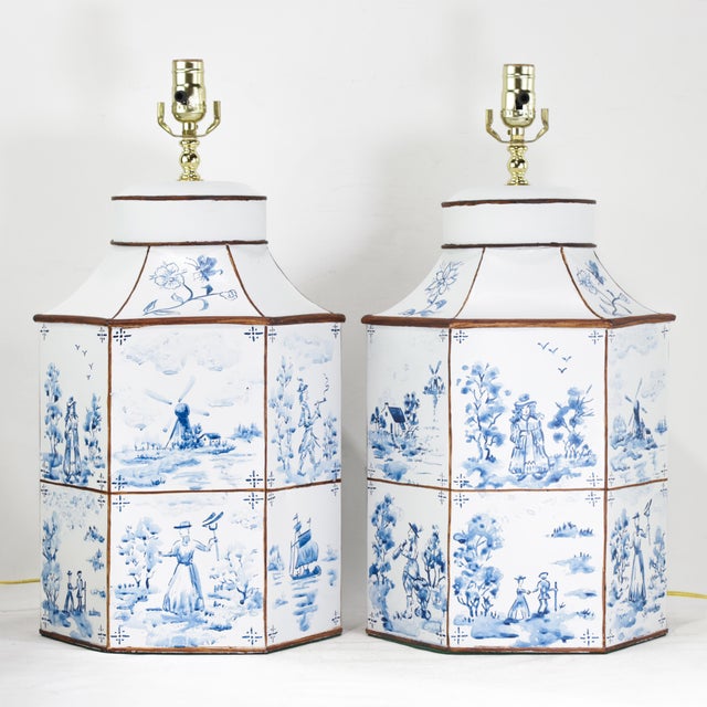 A Pair of Vintage Hand-Painted Blue and White Imitation Dutch Tile Landscape Tea Can Table Lamps For Sale - Image 14 of 14