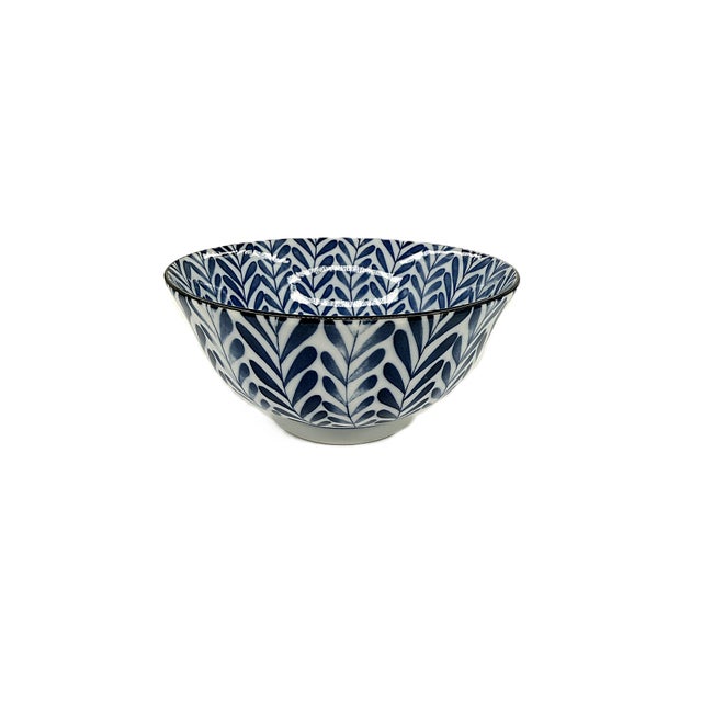 Japanese Hand Painted Blue & White Porcelain Soup Bowls With Botanical Leaf Pattern - Set of 6 For Sale In New York - Image 6 of 10