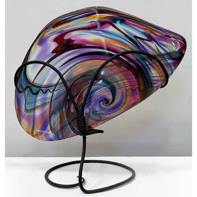 Huge David Goldhagen Studio Blown Art Glass Vessel, Custom Iron Stand, American Offered for sale is a monumentally scaled...