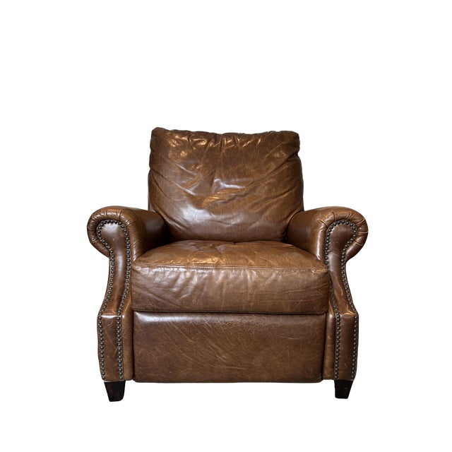Pottery Barn James Roll Arm Top-Grain Leather Recliner Chair – Nailhead Trim, Classic Traditional Club Style, Dark Walnut...