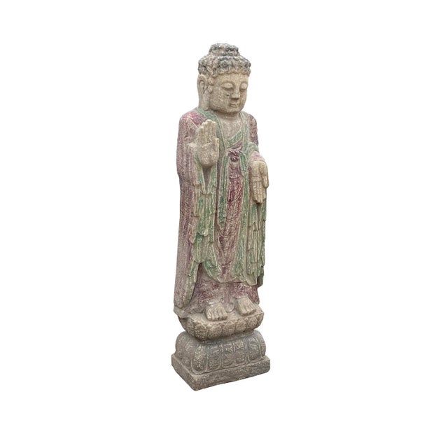 Chinese Chinese Rough Gray Stone Carved Standing Abhaya Mudra Buddha Statue For Sale - Image 3 of 7