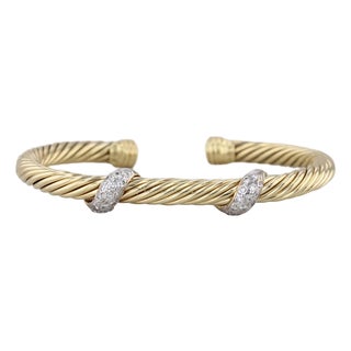 David Yurman 0.30ctw Diamond Cable Cuff Bracelet 18k Yellow Gold 6" Flexible For Sale