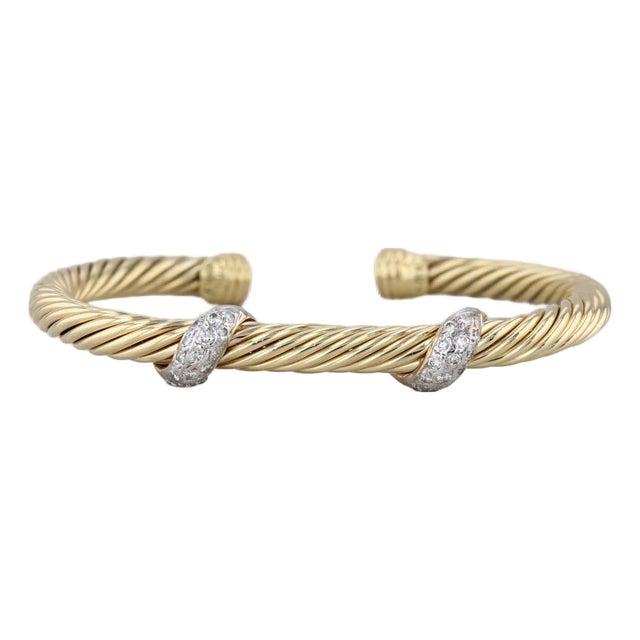 David Yurman 0.30ctw Diamond Cable Cuff Bracelet 18k Yellow Gold 6" Flexible For Sale