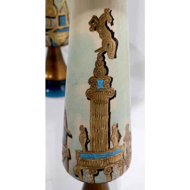 Ceramic Brutalist Table Lamps with Original Silver Finish Shades after James Mont - A Pair For Sale - Image 7 of 12