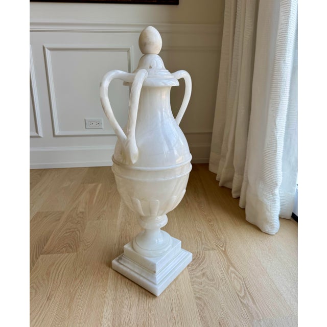Grand Tour Monumental Hand-Carved Italian Neoclassical Alabaster Lidded Vessel, 29.5”, 2nd Quarter 20th Century For Sale - Image 3 of 12