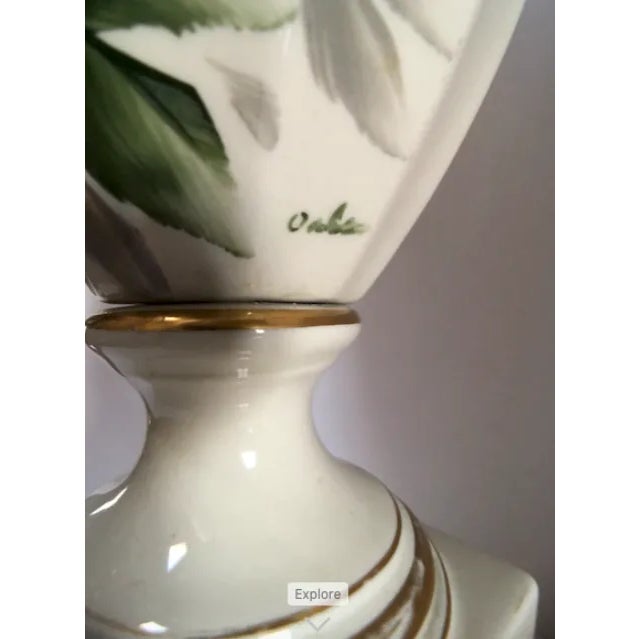 French Signed Hand Painted Porcelain Mid 20th Century White, Green and Gilt Lamp For Sale - Image 3 of 13