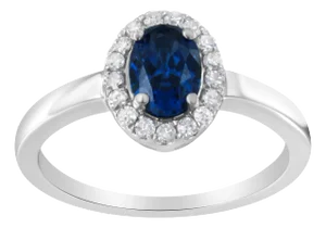 10K White Gold 1/5 Cttw Round Diamond and Prong Set 7MM Created Blue Sapphire Halo Cocktail Ring (H-