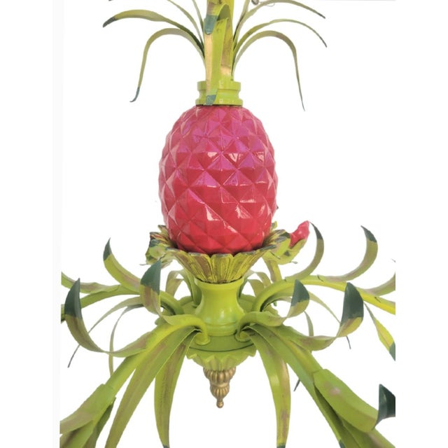 Vintage Custom Hand Painted Palm Beach Regency Pink Green Pineapple 6 Light Chandelier W/ Striped Shades For Sale - Image 9 of 12