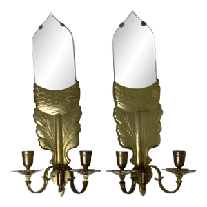 Pair of 1970s Chapman Mirror & Two Candle Light Brass Wall Sconces Acorn and Leaf