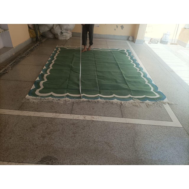 Handmade Cotton Flat Weave Area Rug, Forest Green, Cream and Teal Blue Scalloped Dhurrie - 8'x10' For Sale - Image 14 of 14