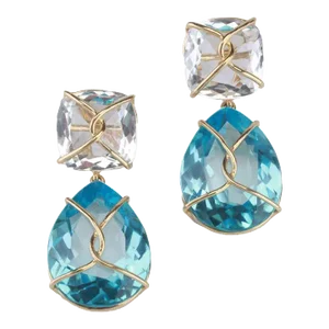 Christina Addison 18kt Yellow Gold Wrapped Drop Earrings With Rock Crystal and Blue Topaz