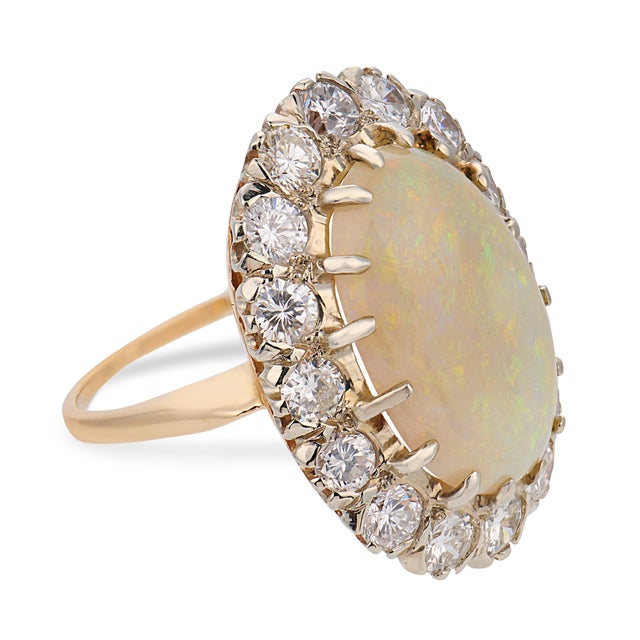 1970s Vintage Opal Diamond 14k Yellow Gold Silver Cluster Ring, Size 6.75 For Sale - Image 5 of 7