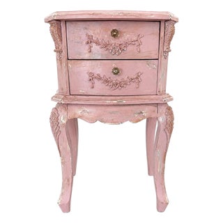 Vintage French Pink Distressed Nightstand With Floral Carvings For Sale