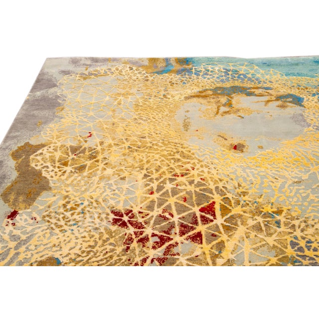Textile Modern Golden and Teal Abstract Indian Handmade Coastal Designed Wool & Silk Rug For Sale - Image 7 of 10