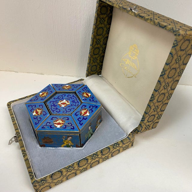 Metal Vintage Chinese Peking Seven Hexagonal Cloisonné Enameled Trinket Boxes in Original Fabric Box For Sale - Image 7 of 12