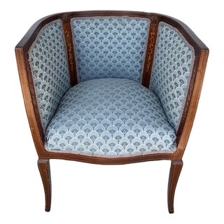 Early 20th Century Inlaid Barrel Back Chair With Scalloped Blue Upholstery For Sale