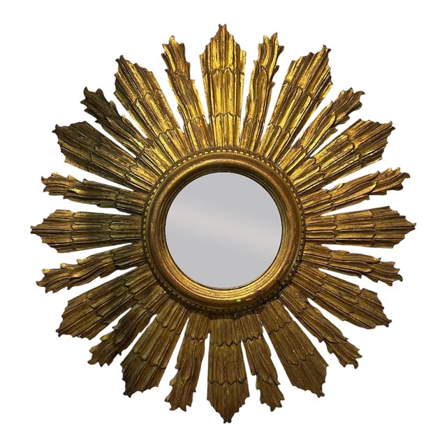 Italian Carved Giltwood Sunburst Convex Mirror For Sale