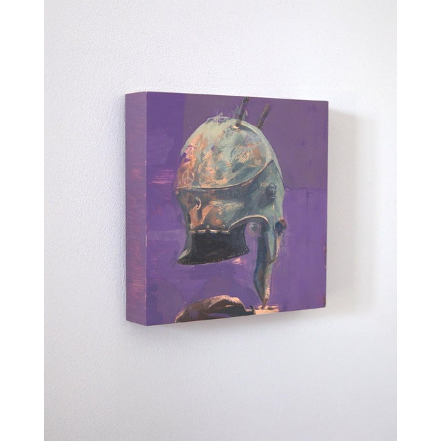 Contemporary Keeping an Eye on You by Elena Burykina | Oil on panel Painting of a helmet on a purple background For Sale - Image 3 of 5