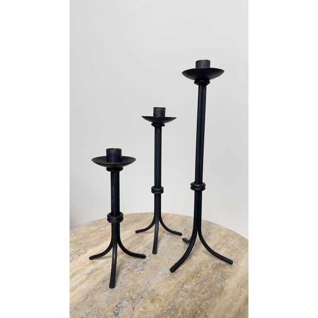 Metal 1970s Brutalist Wrought Iron Candlesticks, Set of 3 For Sale - Image 7 of 7