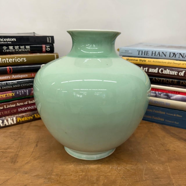 Rustic Round Light Mint Green Ceramic Vase For Sale - Image 3 of 7