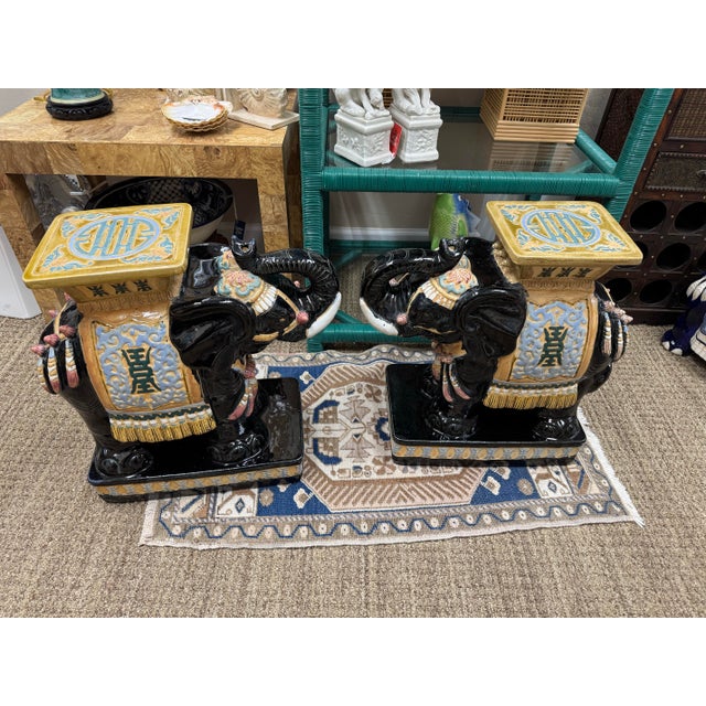 Mid 20th Century Vintage Colorful Black Porcelain Elephant Garden Stools, a Pair For Sale - Image 5 of 12