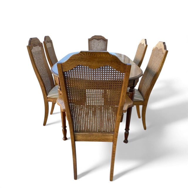 Late 20th Century Oak and Cane Dining Set With Oval Extending Table and Six Chairs For Sale - Image 9 of 13