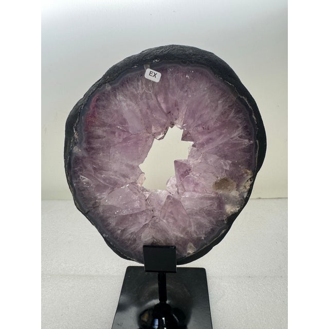 Modern 15th Century & Earlier Slice of Natural Amethyst Geode From Brazil on a Custom Black Metal Stand For Sale - Image 3 of 12