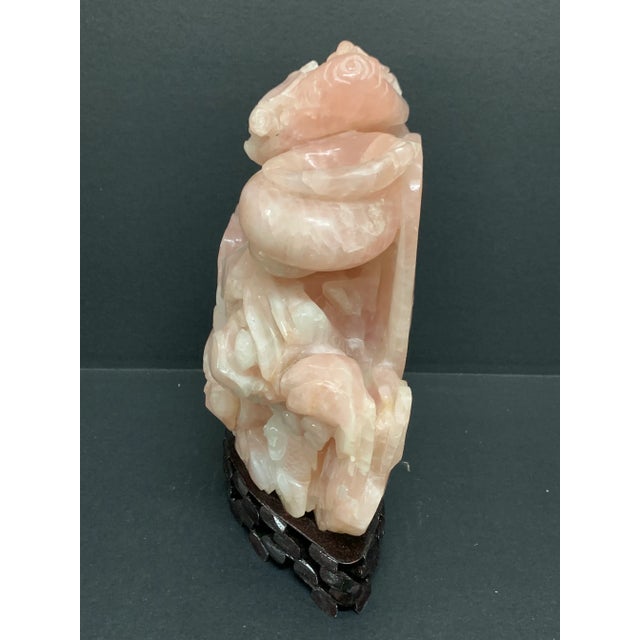 Stone Late 20th Century Chinese Art Large Carved Solid Rose Quartz Stone With Wooden Stand For Sale - Image 7 of 13