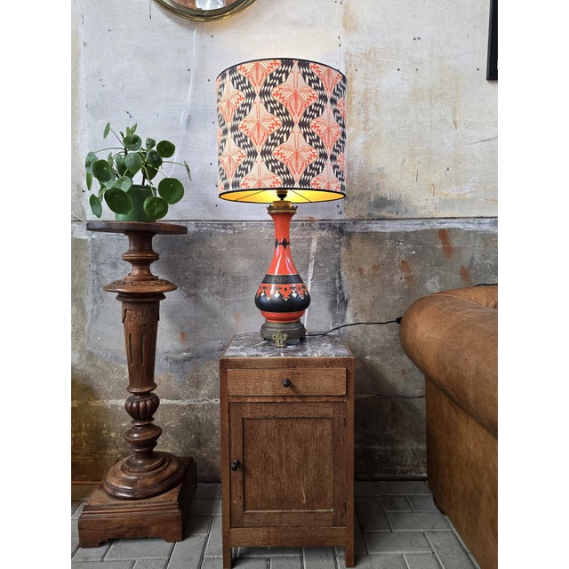 Black Large Antique Porcelain Lamp in Orange with Art Deco Shade For Sale - Image 8 of 14