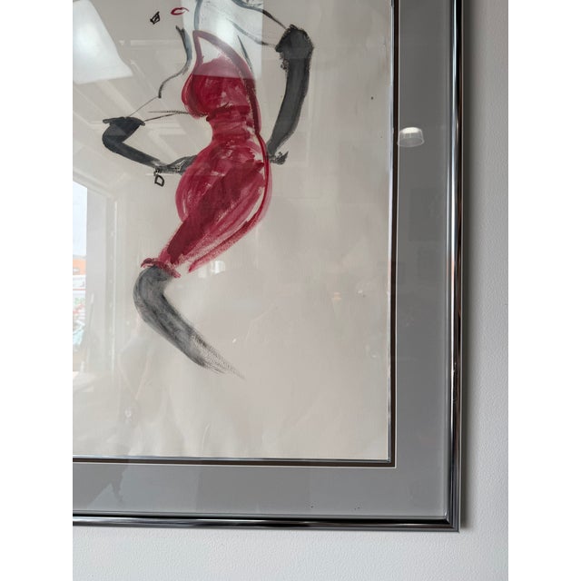 Metal 1980’s Vintage Fashion Illustration Painting – Red Dress Figure, Framed Under Glass For Sale - Image 7 of 12