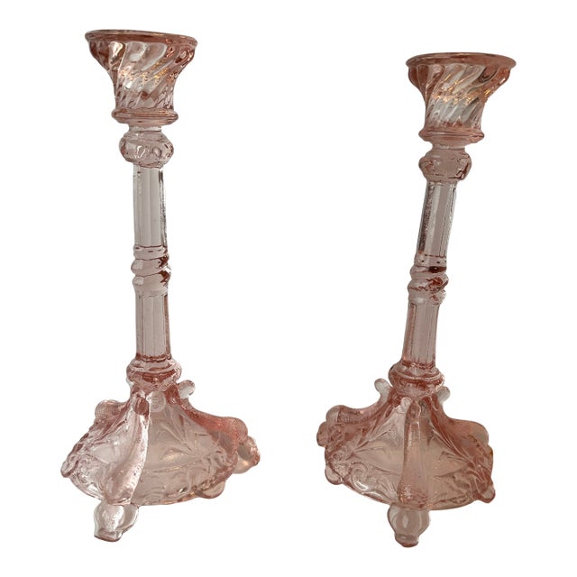 Pair of Portieux Valley Bavard Pink Glass Candlesticks. For Sale