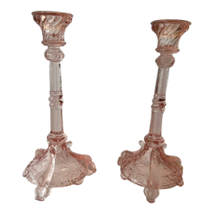 Pair of Portieux Valley Bavard Pink Glass Candlesticks.