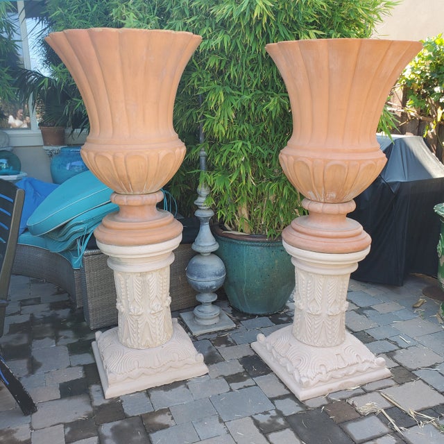 2000 - 2009 Pair of Large Terracotta Italian Urns "Ref Impruneta " on Carved Jodhpur Sandstone Pedestals For Sale - Image 5 of 13