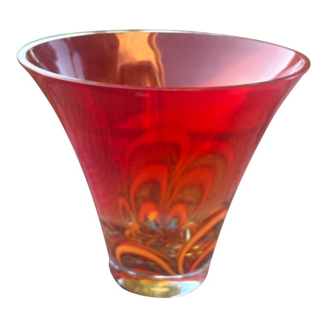 Waterford Evolution Red Crystal Bowl With Orange and Gold Swirls For Sale