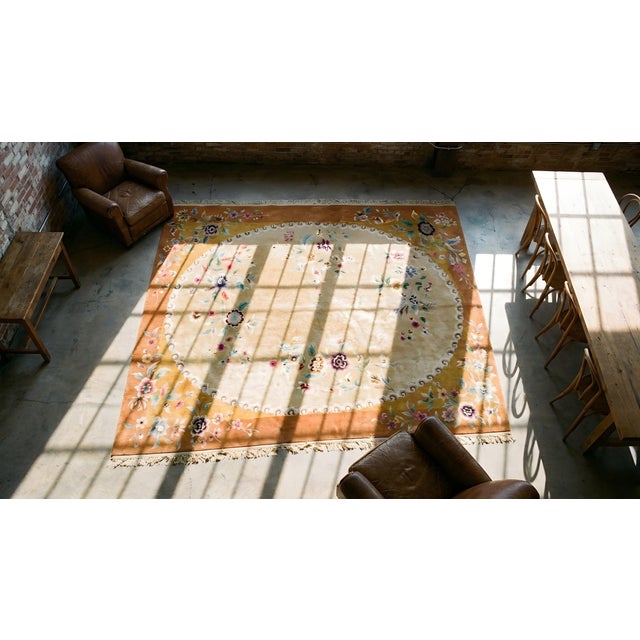 Textile 1920s Tan Camel Floral Modern Antique Art Deco Chinese Rug 8'10" X 11'8" Handknotted Wool Carpet For Sale - Image 7 of 7