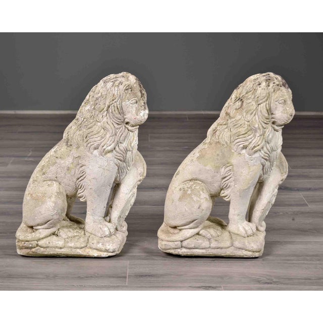 Pair of Vintage French Cast Stone Seated Lion Garden Statues For Sale In Detroit - Image 6 of 10