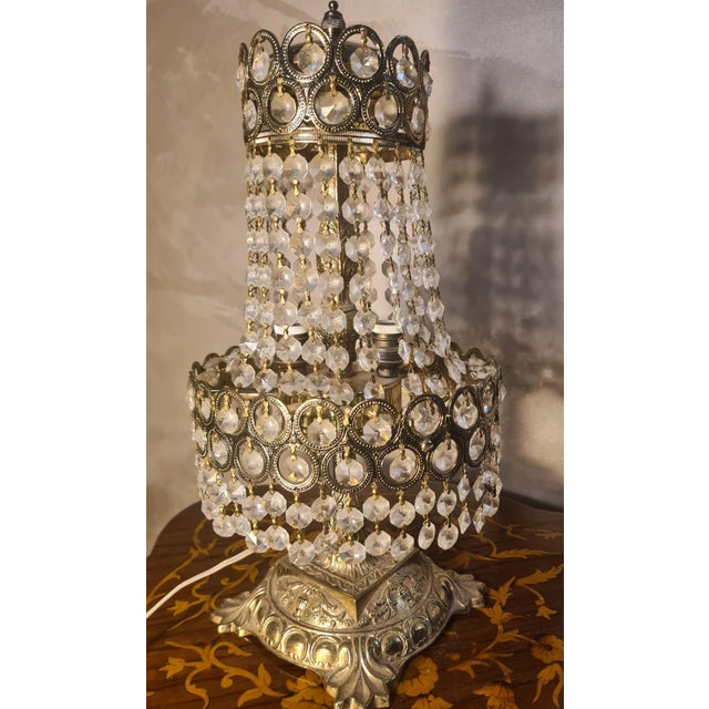 Metal Bronze and Brass Table Lamp with Crystal and Glass Pendants, 1940s For Sale - Image 7 of 8