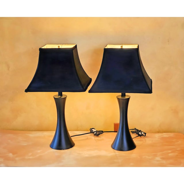 Art Deco Black Table Lamps With Black Ribbed Shades With Gold Foil Lining by Intertek, a Pair For Sale - Image 9 of 12