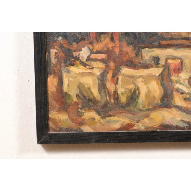 Wood Mid-Century Abstract Painting 'Town Landscape' in a Rustic Black Wood Frame For Sale - Image 7 of 11