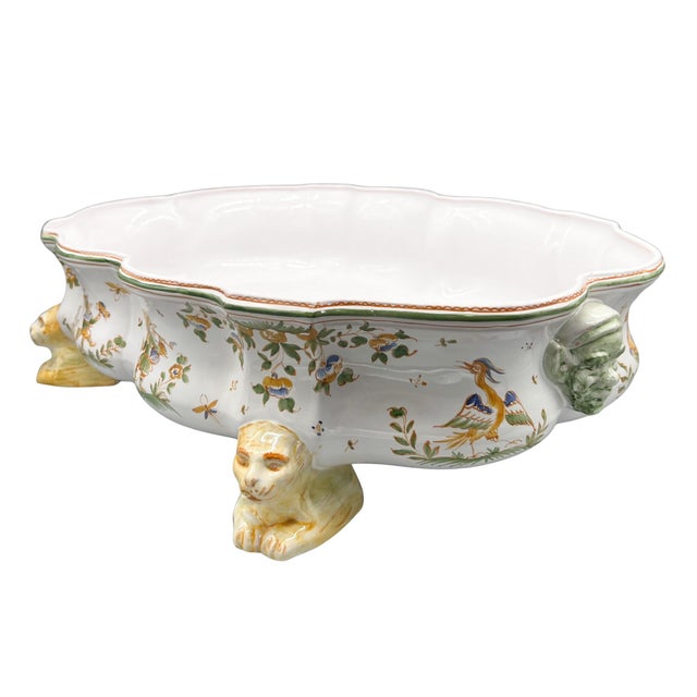 French Country Large 18th Century Style French Hand-Painted Faience Foot Bath (Pédiluve) / Centerpiece Bowl by Nicole Tilloy – Rococo Revival / French Country For Sale - Image 3 of 14