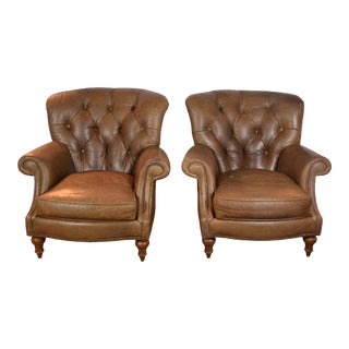 Leather Tufted Club Chairs Set of 2 For Sale