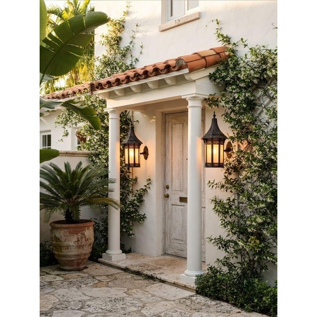 Black Vintage Moroccan-Style Wrought Metal and Glass Wall Lanterns - a Pair For Sale - Image 8 of 12