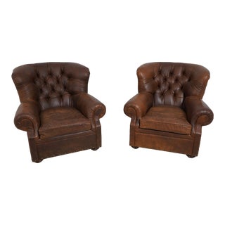 Pair Restoration Hardware Tufted Leather Writers Chairs For Sale